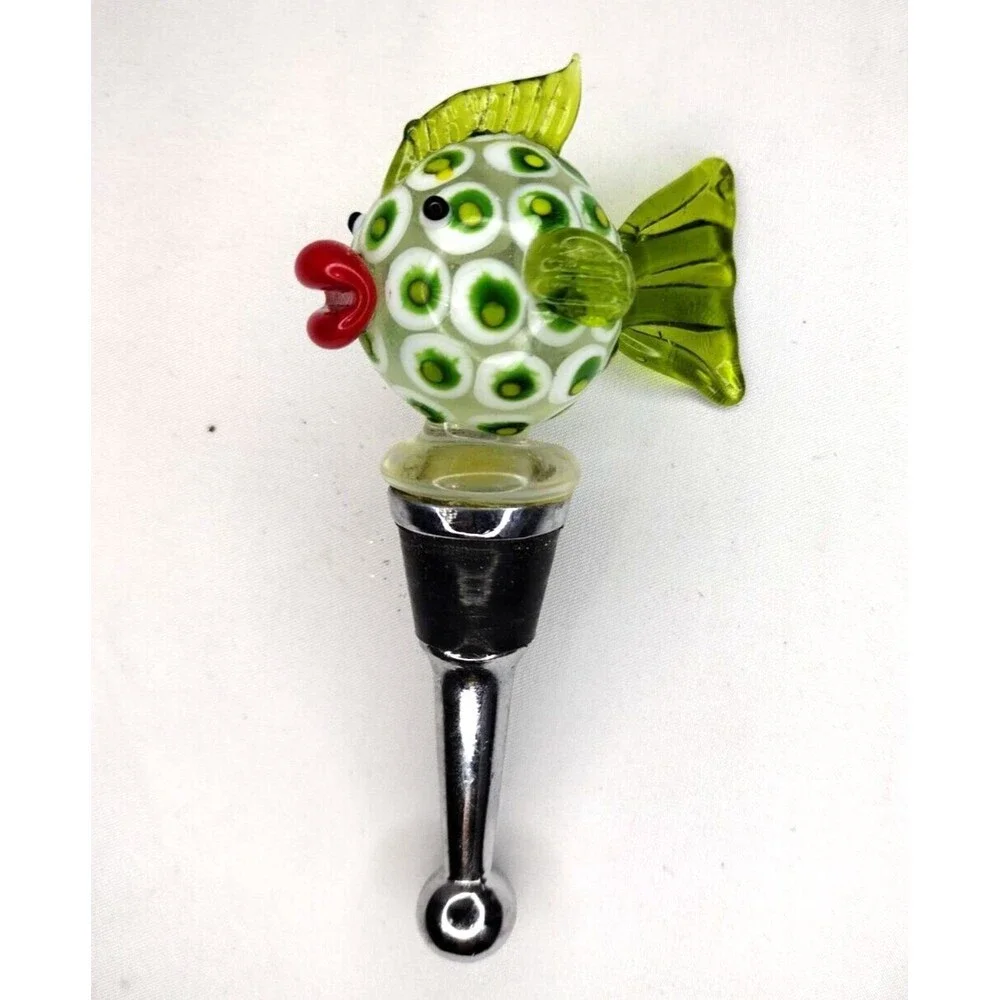 Art Glass Green Handblown Glass Blowfish Twos Company Bottle Stopper